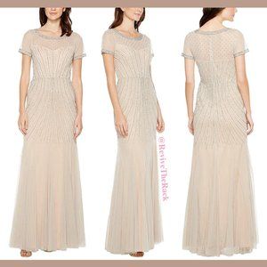NEW‎ Adrianna Papell Beaded Short Sleeves Godet Gown in Nude Silver [SZ 12 ]